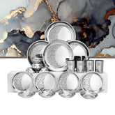 Designer Stainless Steel Delight Laser Bloom Leaf Dinner Set Of 24 Pieces, Silver | 4 Dinner Plates+ 4 Side Plates+ 4 Glasses+ 4 Bowls+ 4 Pudding Bowls+ 4 Dessert Spoons